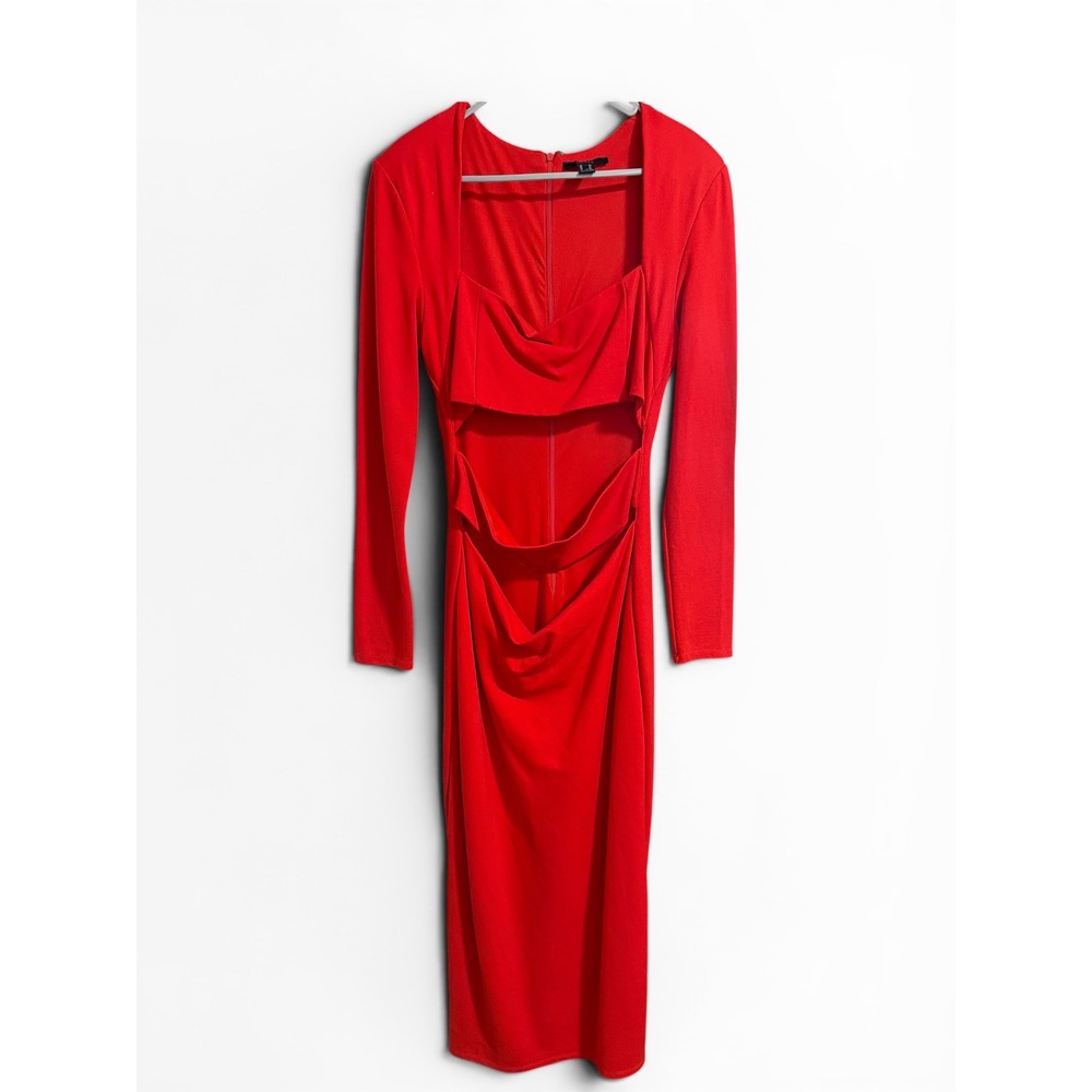 Forever 21 Red Cutout Cowl Neck Long Sleeve Bodycon‎ Midi Dress Womens XL